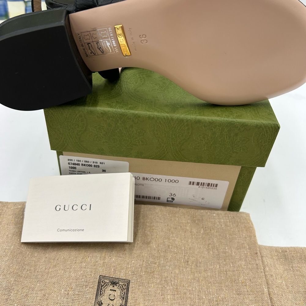 Gucci Black Leather GG Thong Sandals with Gold Hardware - Picture 5 of 10